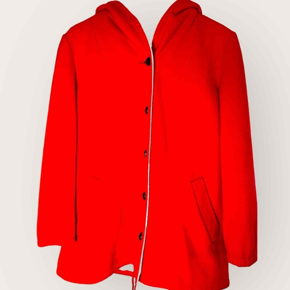 Red Hooded Jacket Toggle‎ Button Front Pockets Coat Outerwear